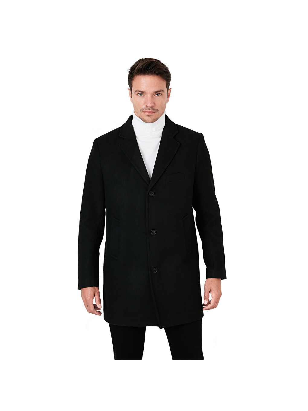 Siyah Slim Fit Tek Yırtmaçlı Düğmeli Mono Yaka Kaşe Erkek Kaban 5840098-6