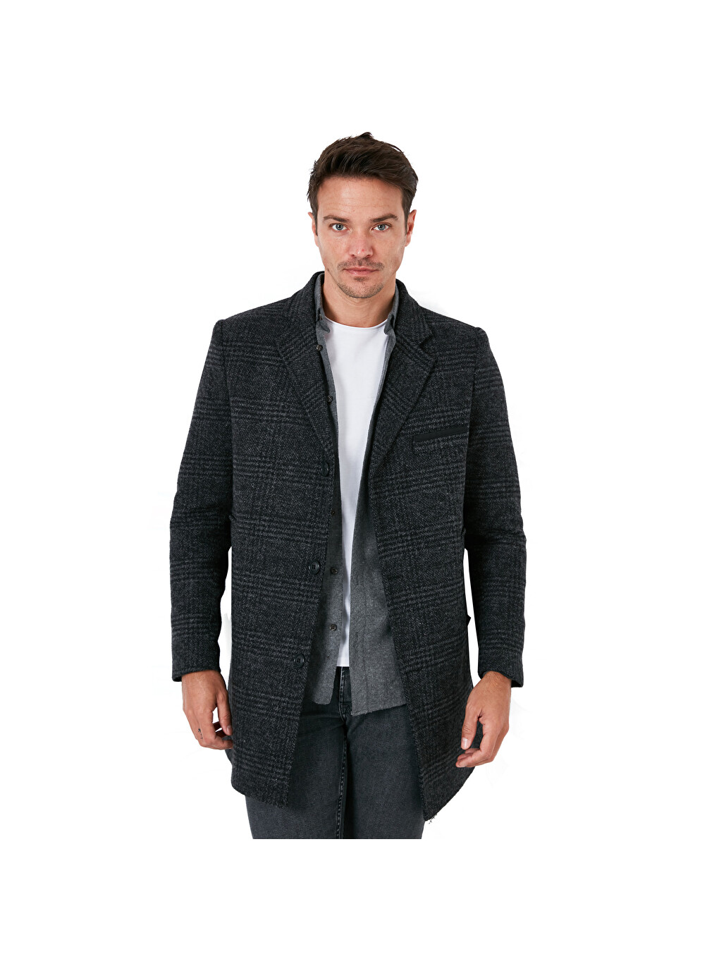 Siyah Slim Fit Tek Yırtmaçlı Düğmeli Mono Yaka Kaşe Kaban 5840098-8
