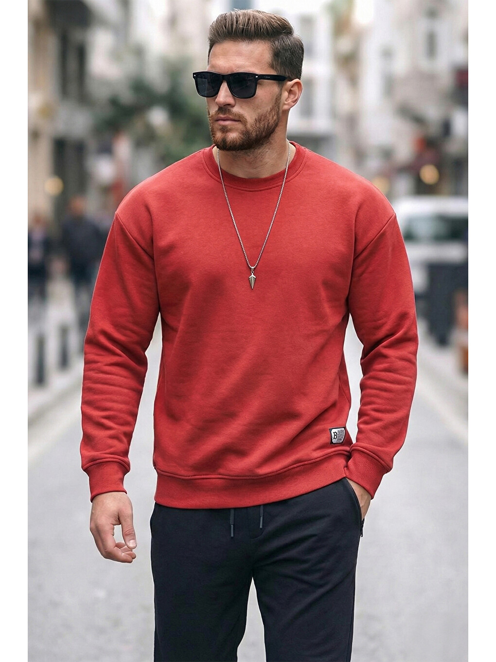 Kırmızı Regular Fit Bisiklet Yaka Pamuklu İçi Tüylü Yumuşak Şardonlu Erkek Sweat 5905255