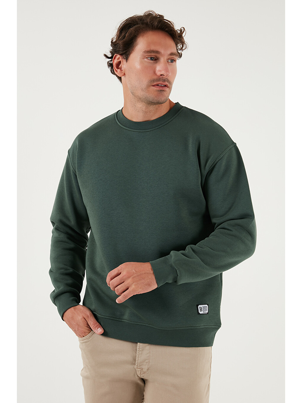 Yeşil Regular Fit Bisiklet Yaka Pamuklu İçi Tüylü Yumuşak Şardonlu Erkek Sweat 5905255-4