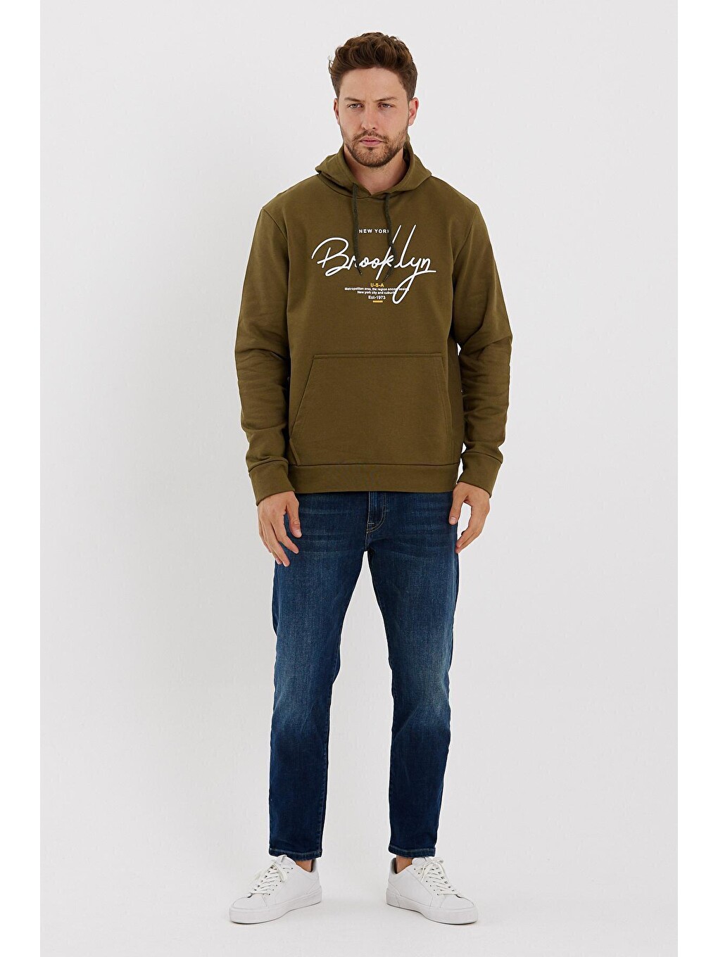 Haki Erkek Kapüşonlu Oversize Fit Brooklyn Baskılı İnce Hoodie Spr23sw361
