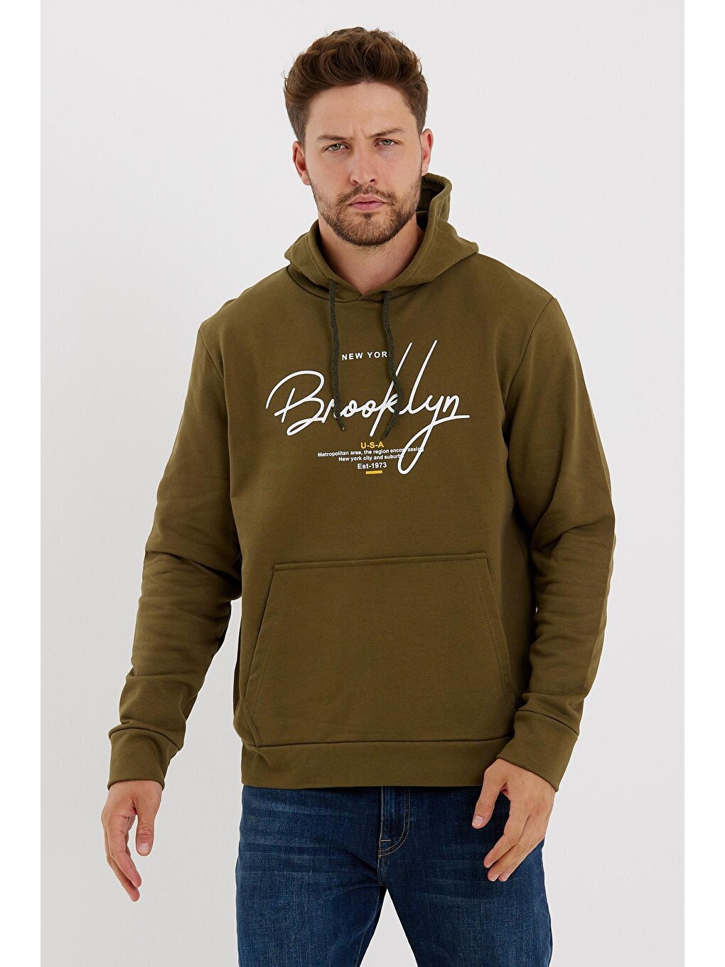 Haki Erkek Kapüşonlu Oversize Fit Brooklyn Baskılı İnce Hoodie Spr23sw361-1
