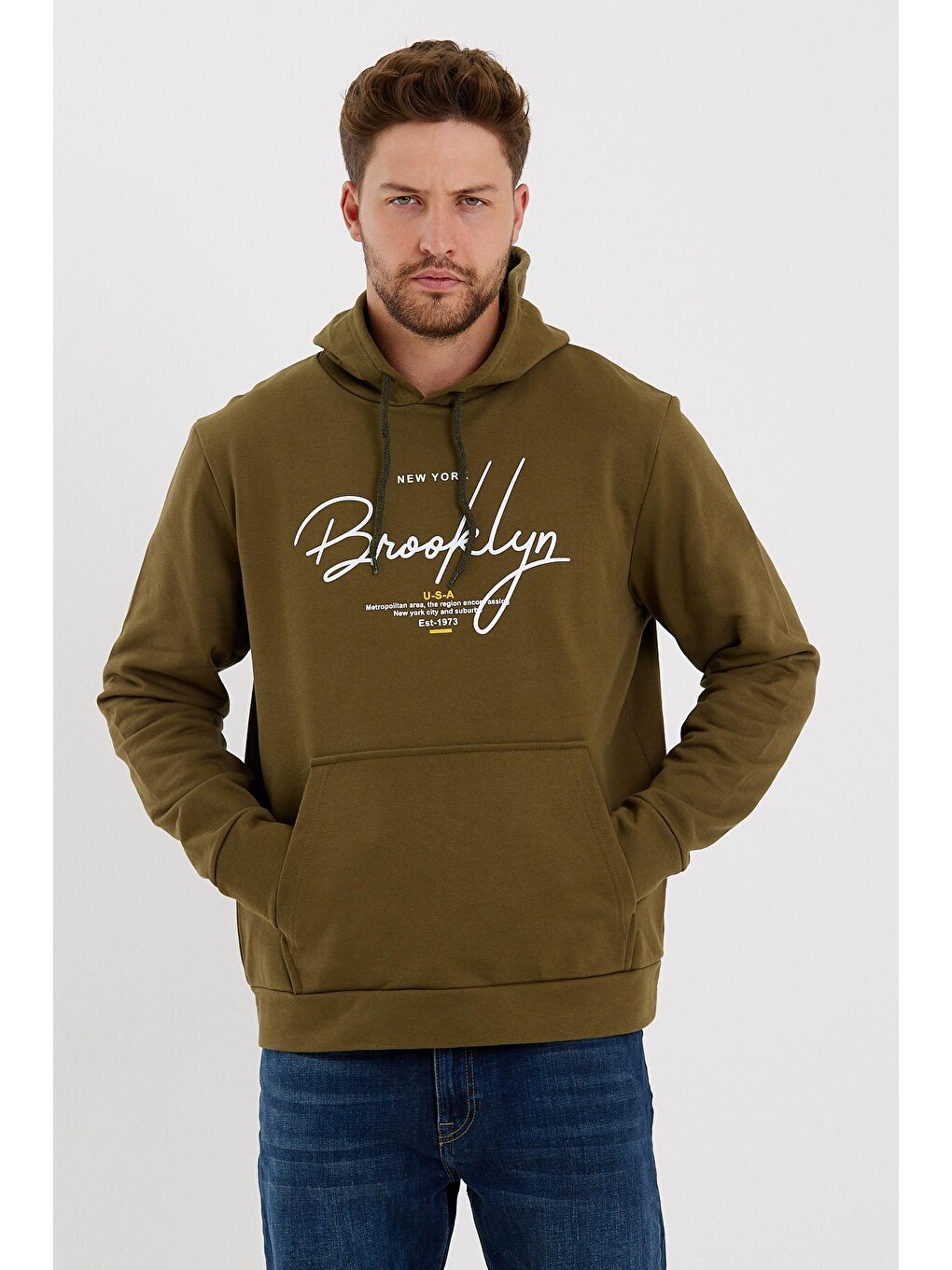 Haki Erkek Kapüşonlu Oversize Fit Brooklyn Baskılı İnce Hoodie Spr23sw361-2