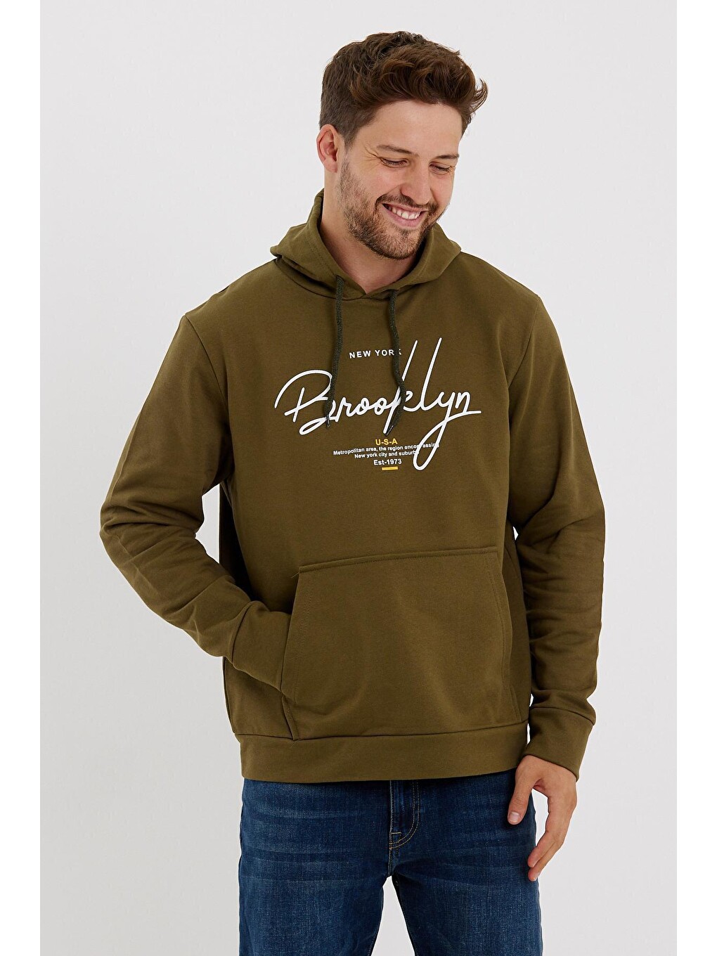 Haki Erkek Kapüşonlu Oversize Fit Brooklyn Baskılı İnce Hoodie Spr23sw361-3