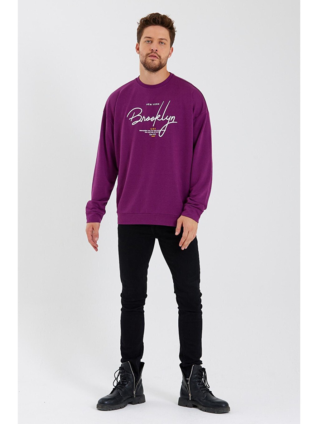 Mor Erkek Bisiklet Yaka Oversize Fit El Yazılı Brooklyn İnce Sweatshirt Spr23sw331-4