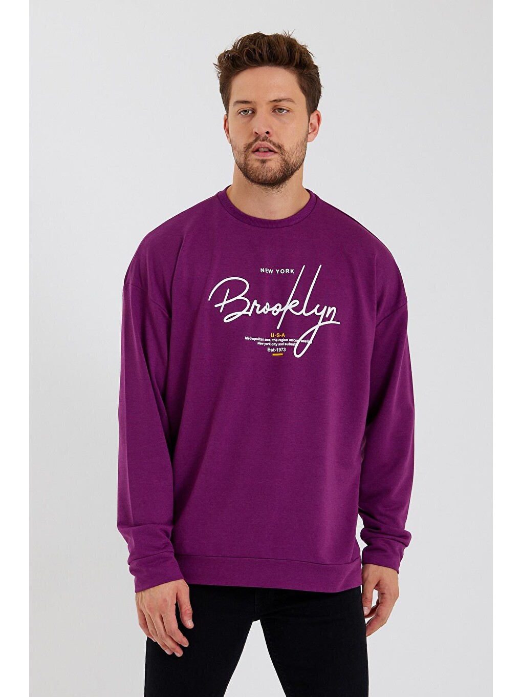 Mor Erkek Bisiklet Yaka Oversize Fit El Yazılı Brooklyn İnce Sweatshirt Spr23sw331-3