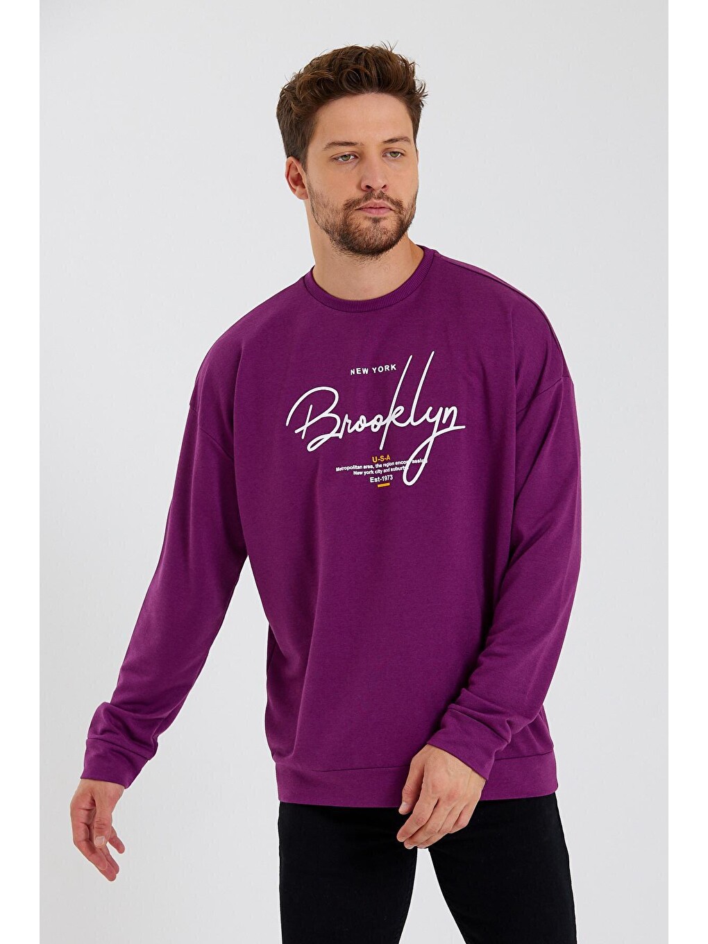 Mor Erkek Bisiklet Yaka Oversize Fit El Yazılı Brooklyn İnce Sweatshirt Spr23sw331-2
