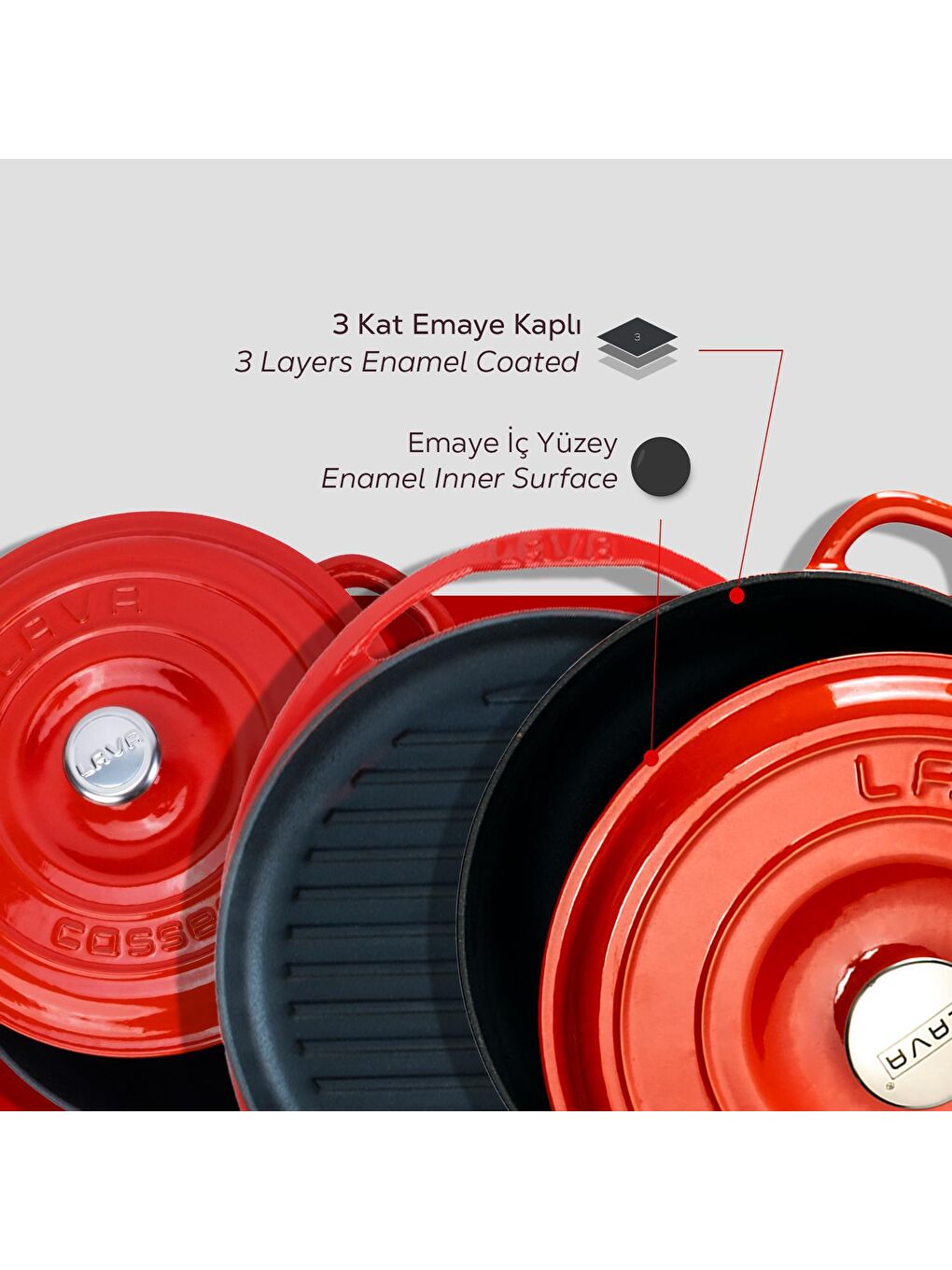 LAVA Kırmızı Döküm 3X GR Izgara Tava & New Heritage Serisi Tencere Seti Sınırlı Sayıda Özel Seri - 7