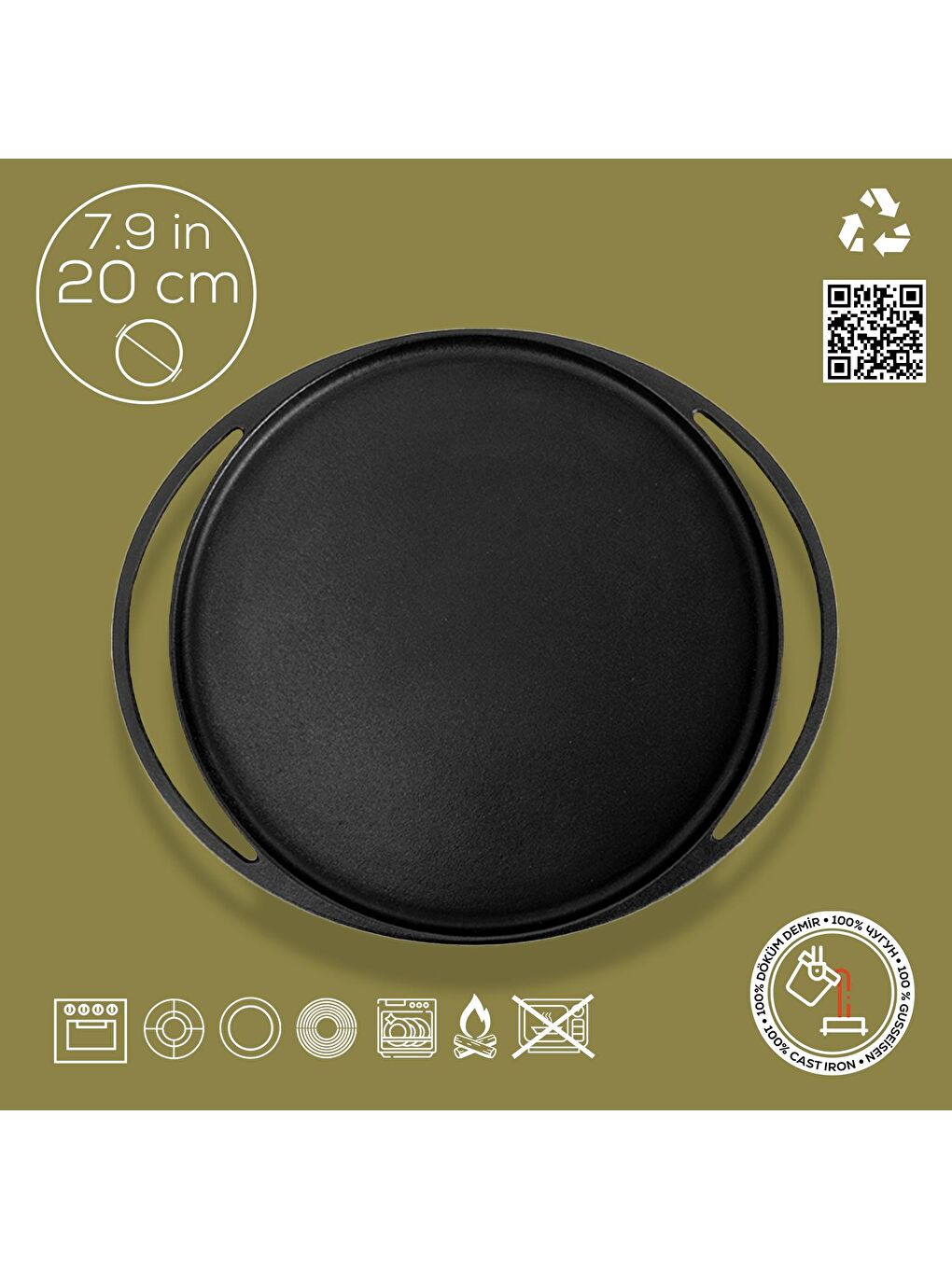 Siyah Yuvarlak Pizza Krep Pankek Tavası Döküm Demir Yekpare Çift Kulplu Çap(Ø)20cm.-3