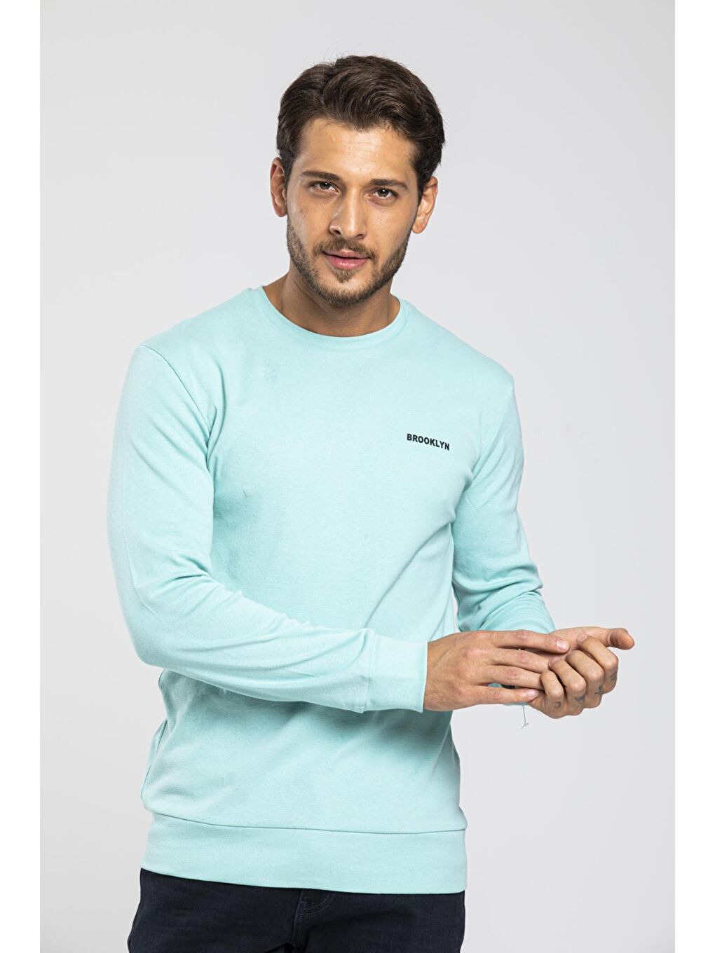 Süperlife Turkuaz Bisiklet Yaka Uzun Kollu Dar Kalıp İnce Erkek Sweatshirt SPR2019K18