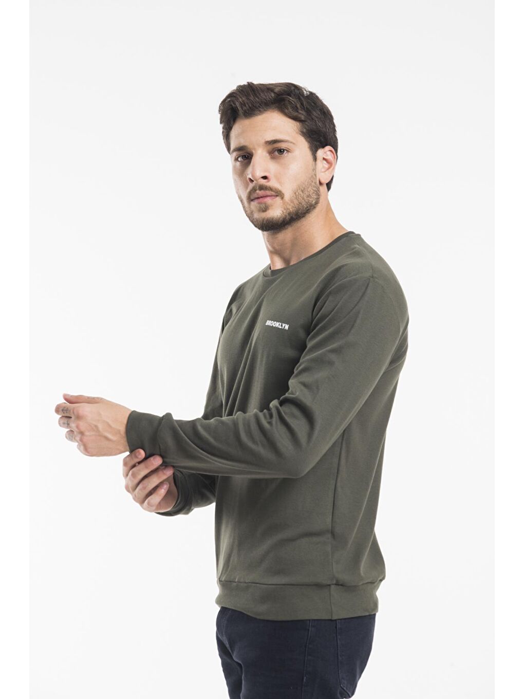 Süperlife Haki Bisiklet Yaka Uzun Kollu Dar Kalıp İnce Erkek Sweatshirt SPR2019K18