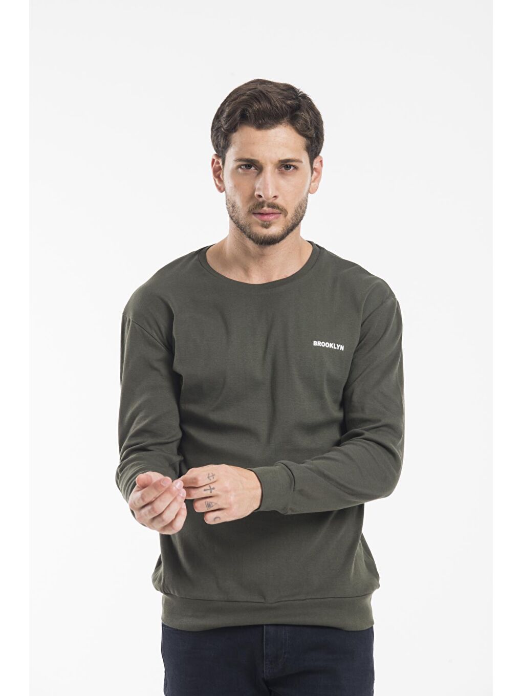 Süperlife Haki Bisiklet Yaka Uzun Kollu Dar Kalıp İnce Erkek Sweatshirt SPR2019K18 - 1