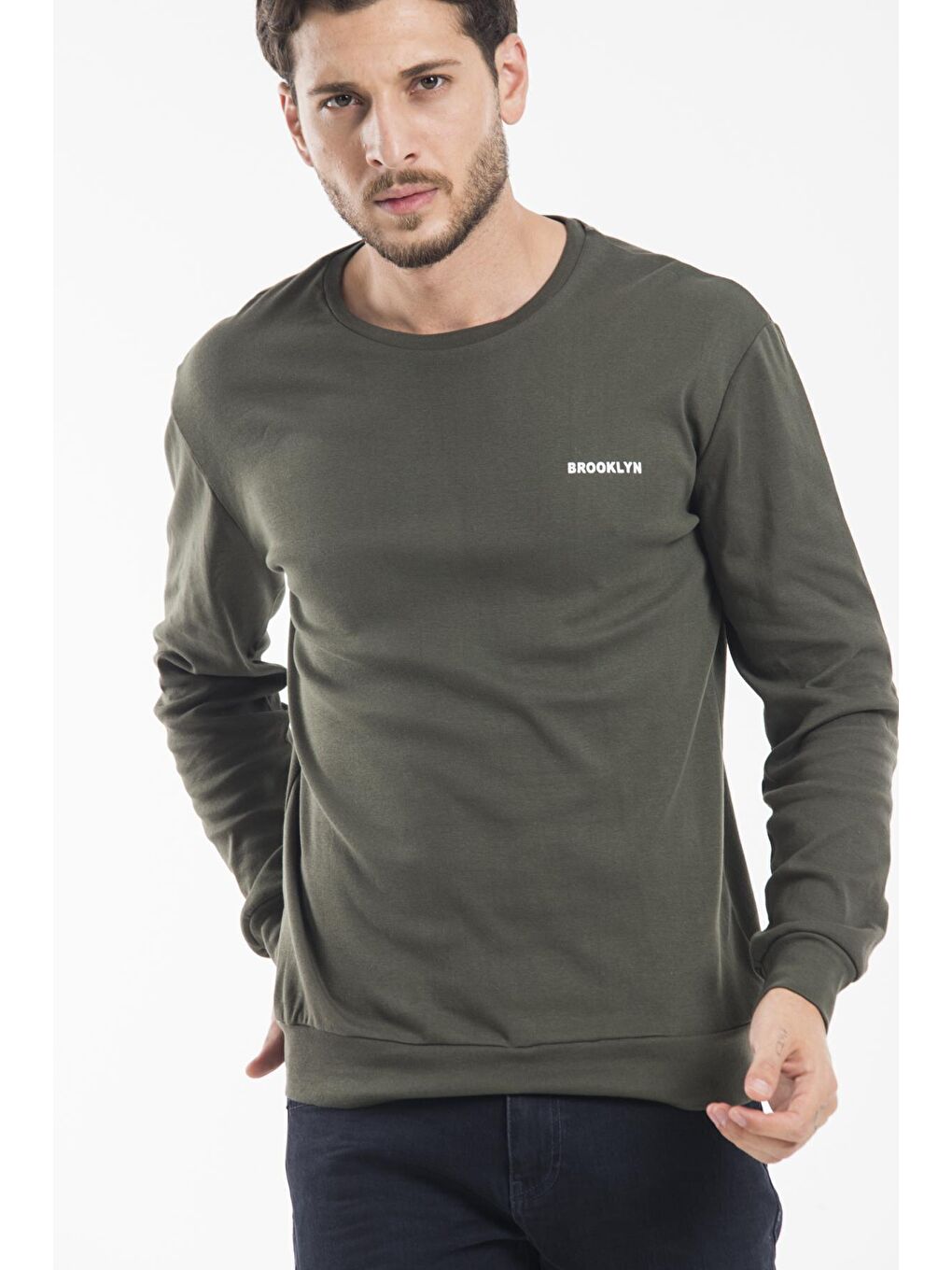 Süperlife Haki Bisiklet Yaka Uzun Kollu Dar Kalıp İnce Erkek Sweatshirt SPR2019K18 - 3