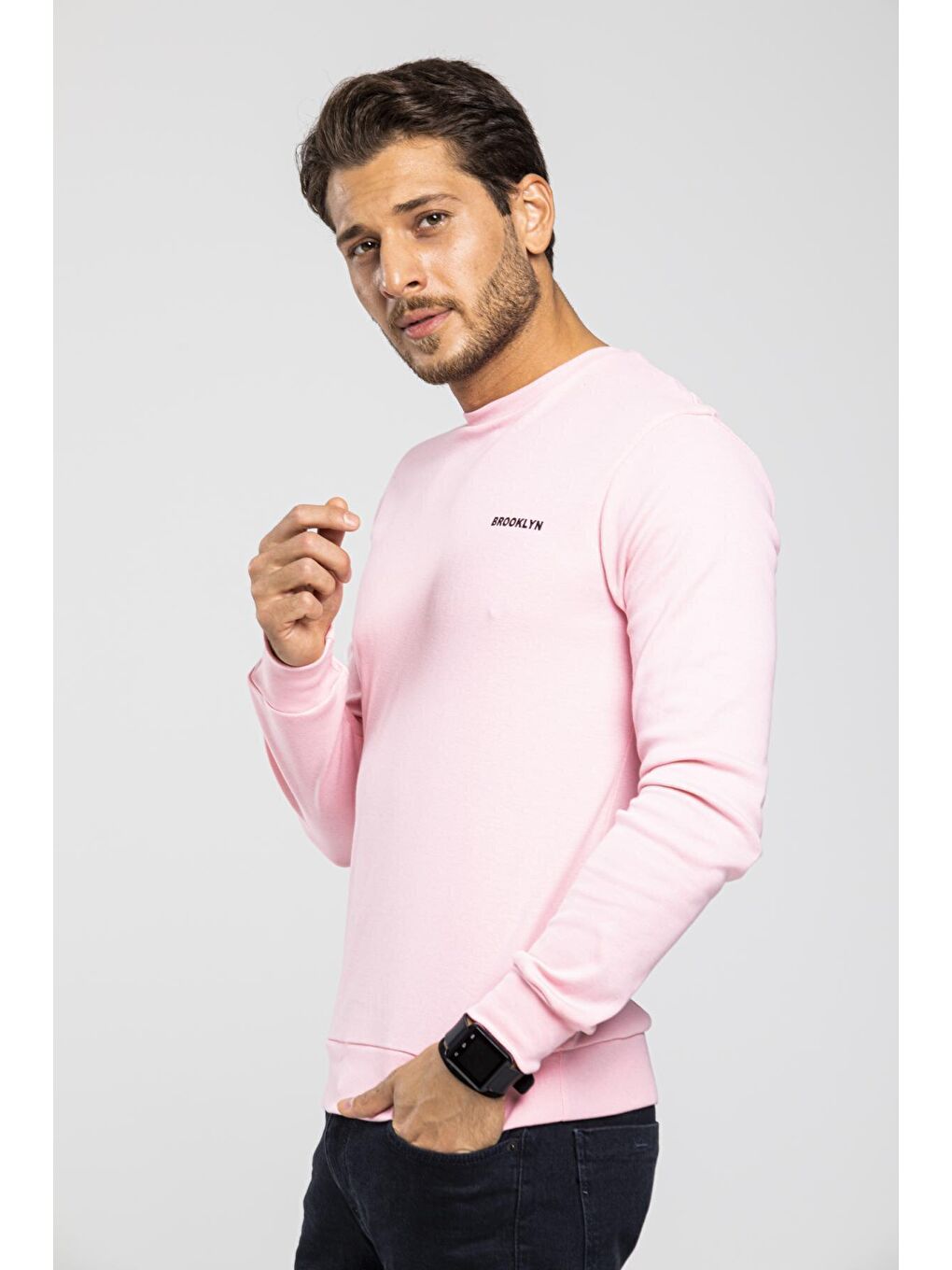 Süperlife Pembe Bisiklet Yaka Uzun Kollu Dar Kalıp İnce Erkek Sweatshirt SPR2019K18 - 1