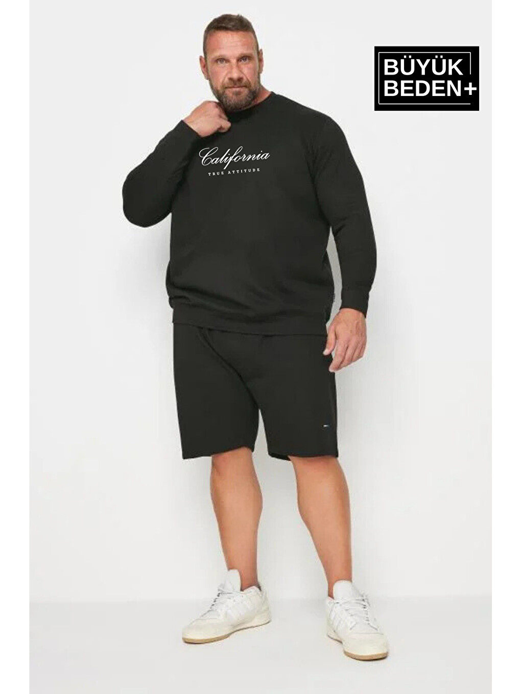 Siyah El Yazılı California Baskılı İnce Bisiklet Yaka Erkek Büyük Beden Sweatshirt Spr25bsw63-1