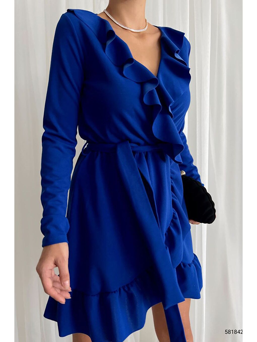 Mavi Önü Fırfırlı Ve Volanlı Kuşaklı Elbise-1