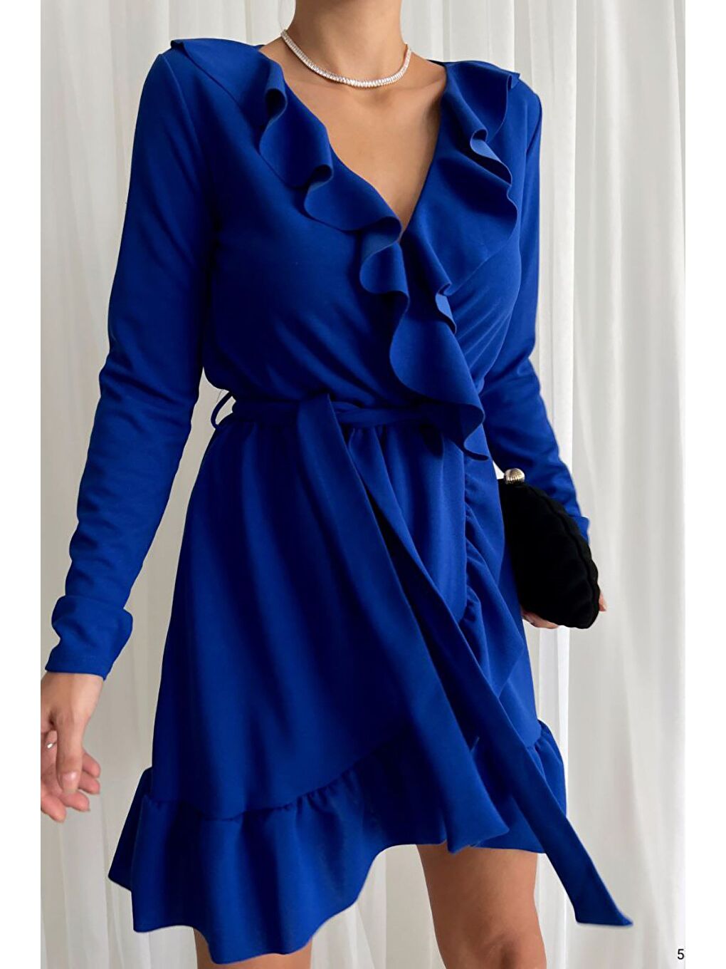 Mavi Önü Fırfırlı Ve Volanlı Kuşaklı Elbise-2