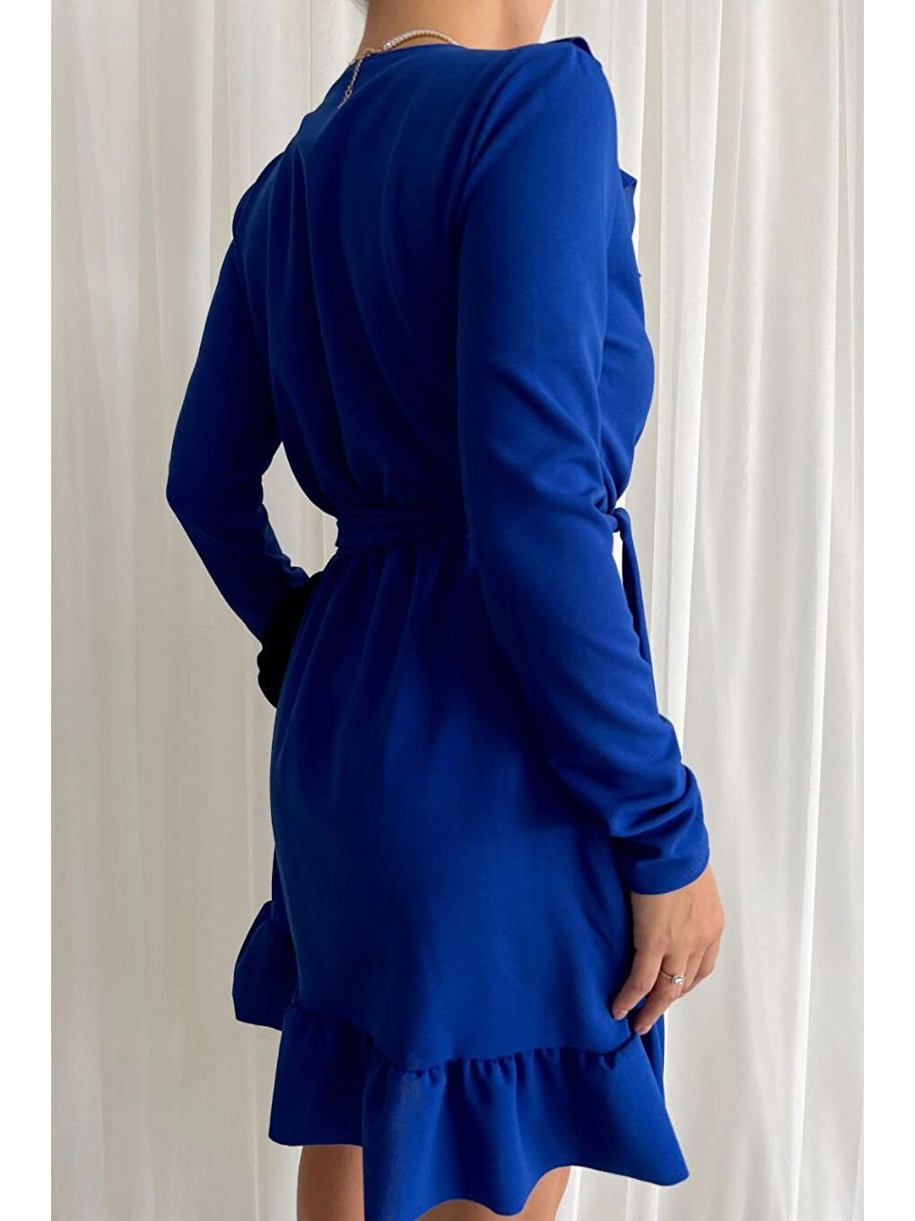 Mavi Önü Fırfırlı Ve Volanlı Kuşaklı Elbise-3