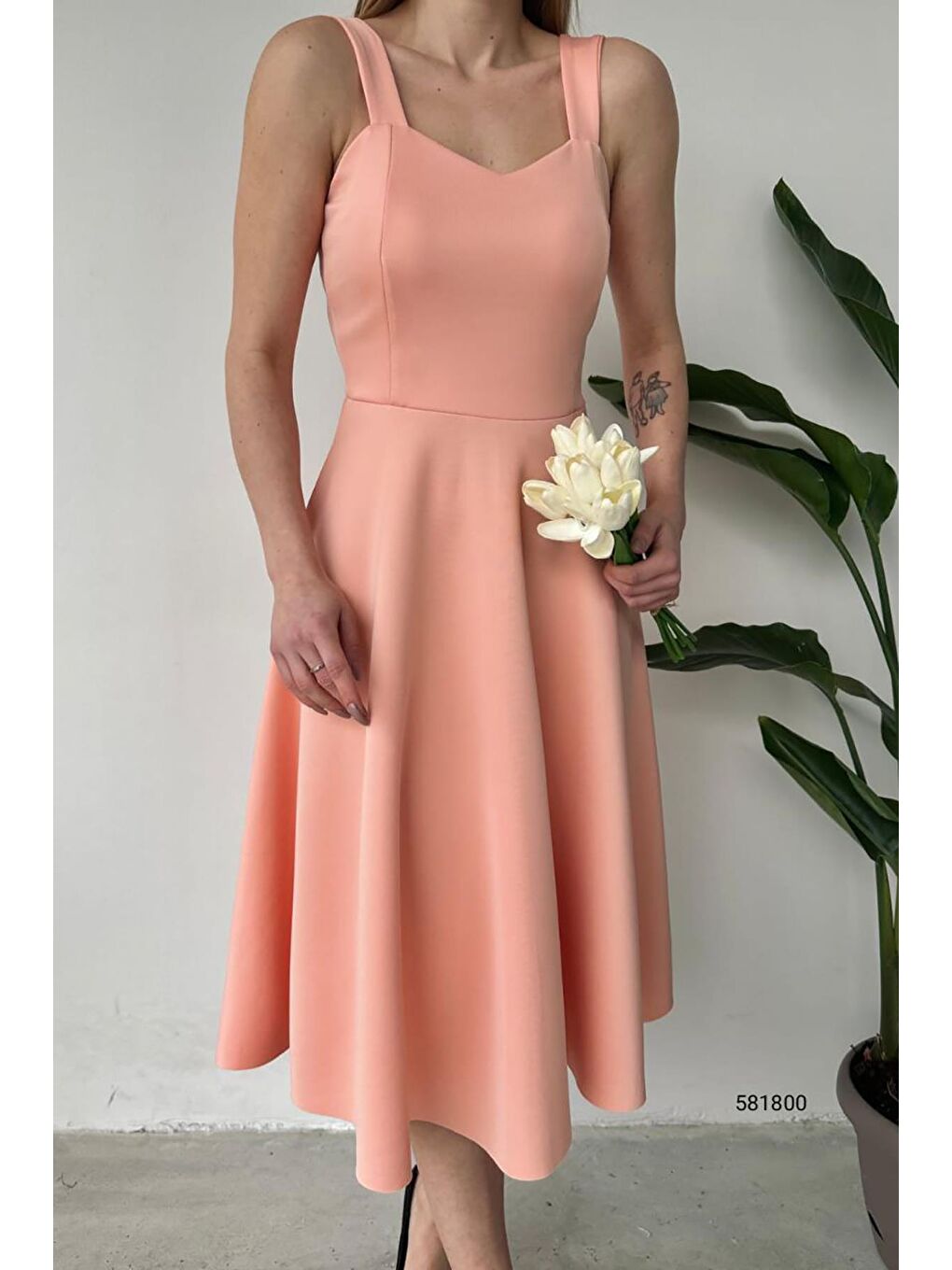 Pembe Pudra Kalın Askılı Scuba Kumaş Elbise-1