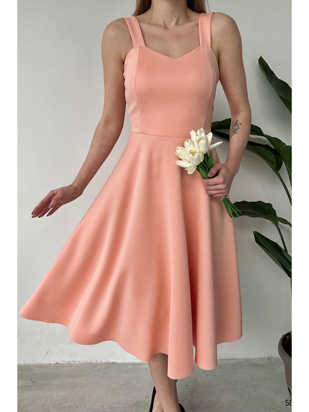 Pembe Pudra Kalın Askılı Scuba Kumaş Elbise-2