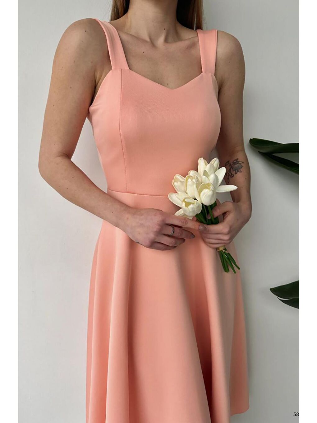 Pembe Pudra Kalın Askılı Scuba Kumaş Elbise-3