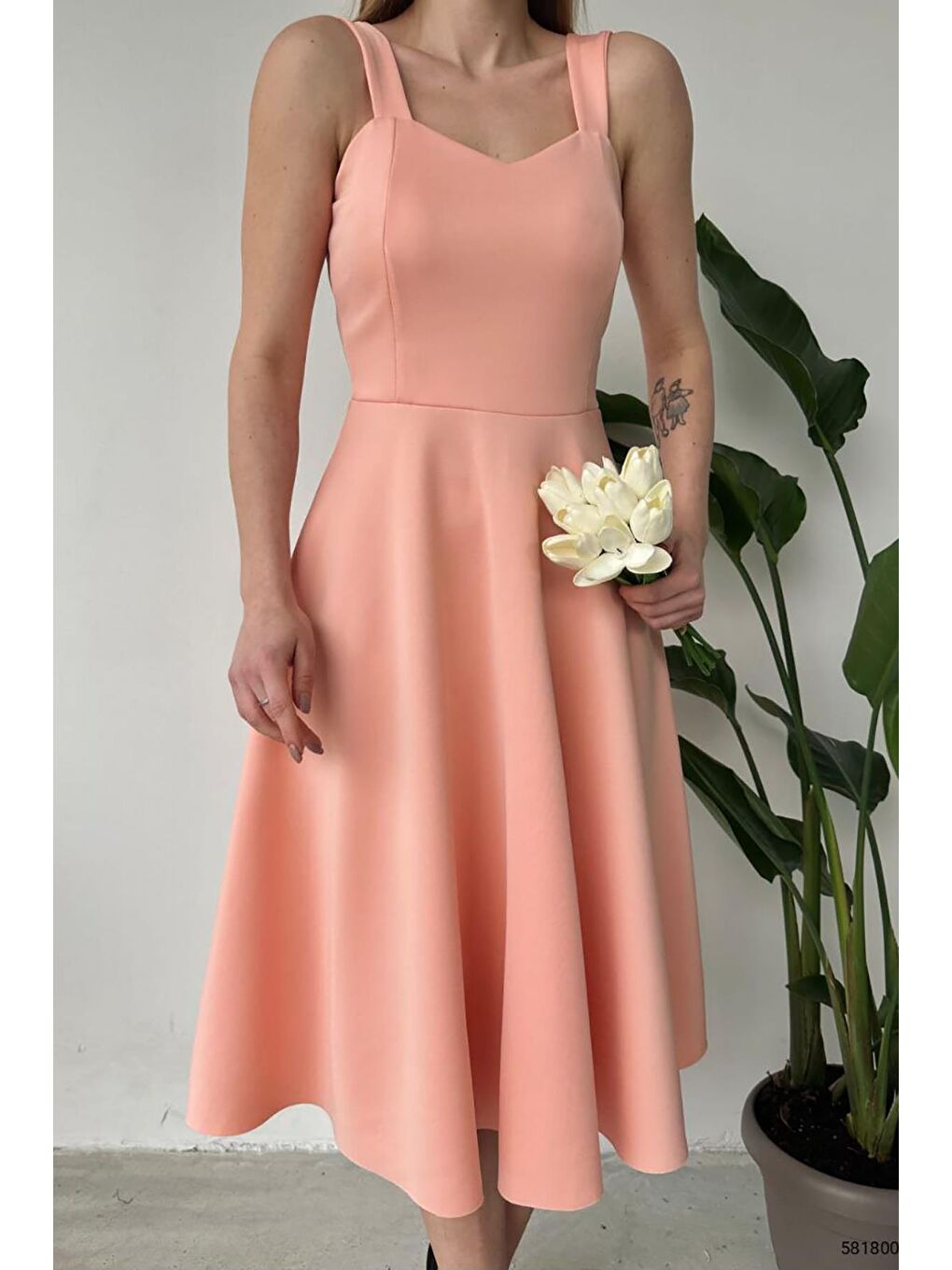 Pembe Pudra Kalın Askılı Scuba Kumaş Elbise-4