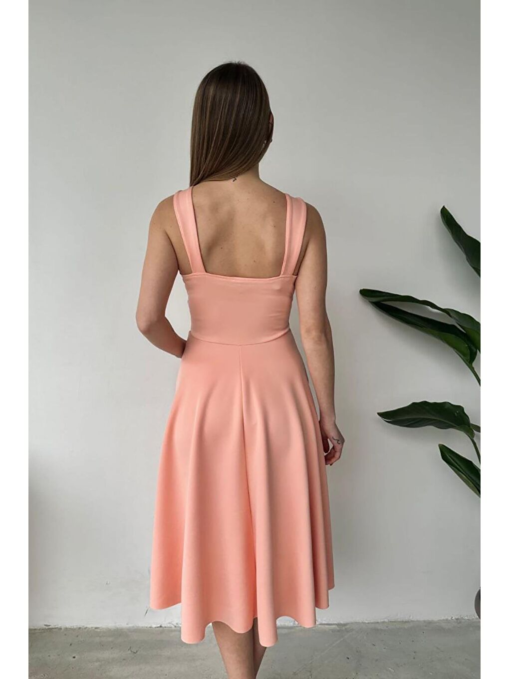 Pembe Pudra Kalın Askılı Scuba Kumaş Elbise-5