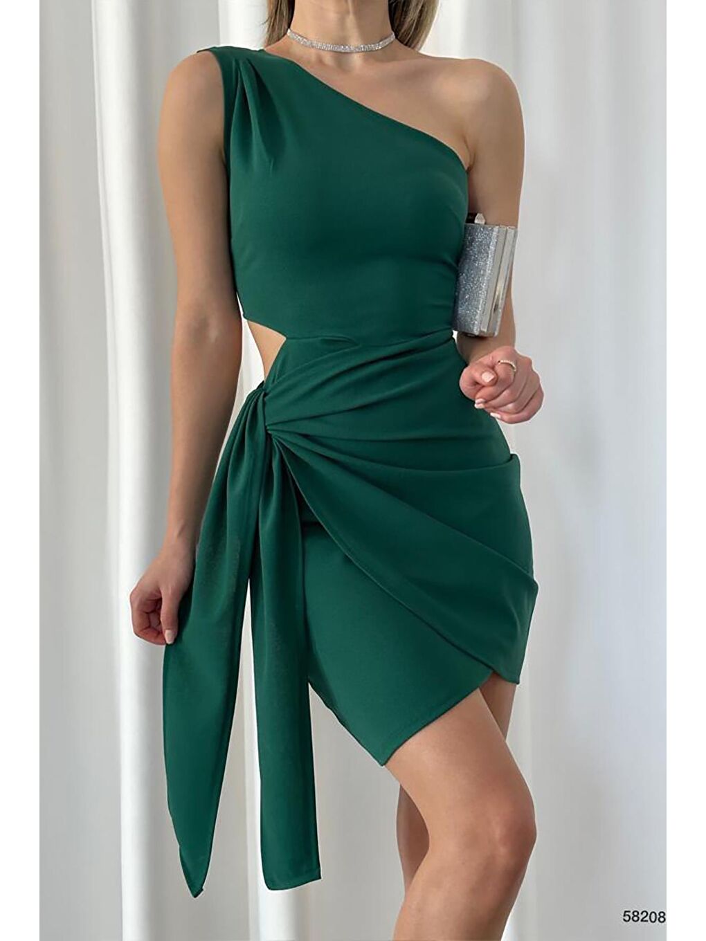 Yeşil Asimetrik Kesim Eteği Bağlamalı Krep Kumaş Elbise-2