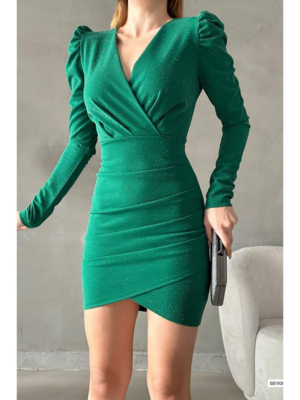 Yeşil Kruvaze Yaka Simli Abiye Elbise-2