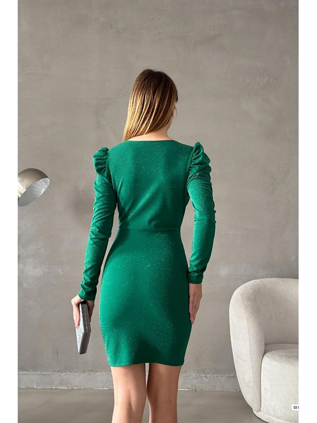 Yeşil Kruvaze Yaka Simli Abiye Elbise-4