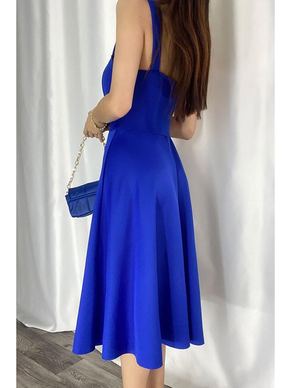 Saks Mavisi Kalın Askılı Scuba Kumaş Elbise-1