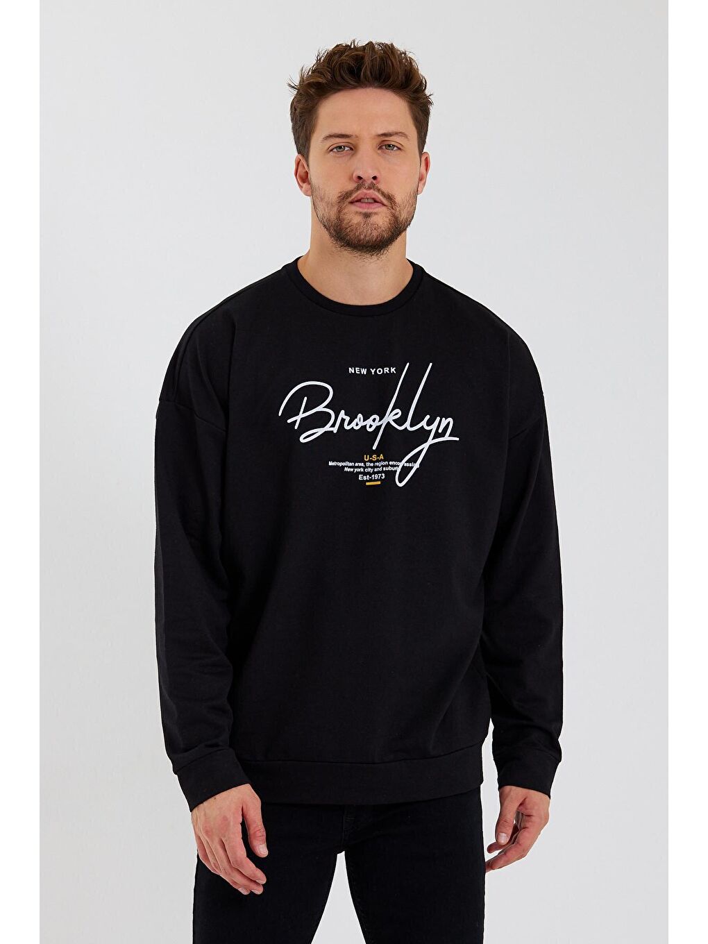 Süperlife Siyah Erkek Bisiklet Yaka Oversize Fit El Yazılı Brooklyn İnce Sweatshirt SPR23SW331 - 1