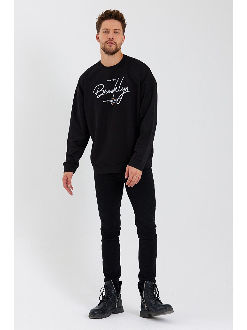 Süperlife Siyah Erkek Bisiklet Yaka Oversize Fit El Yazılı Brooklyn İnce Sweatshirt SPR23SW331 - 2