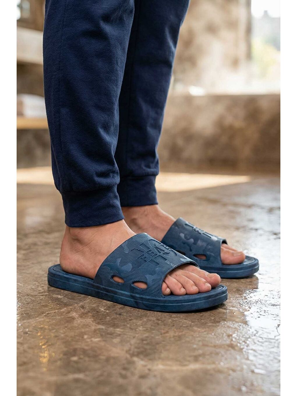 Lacivert Yazlık Erkek No Fear Airblow Islak Zemine Uygun Günlük Ev Bahçe Havuz Terlik
