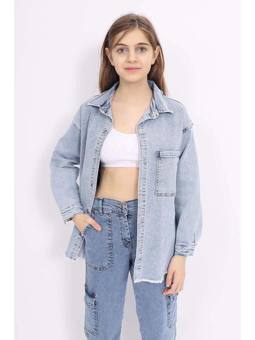 Mavi Kız Çocuk Jean Gömlek 9-14 Yaş Lx221