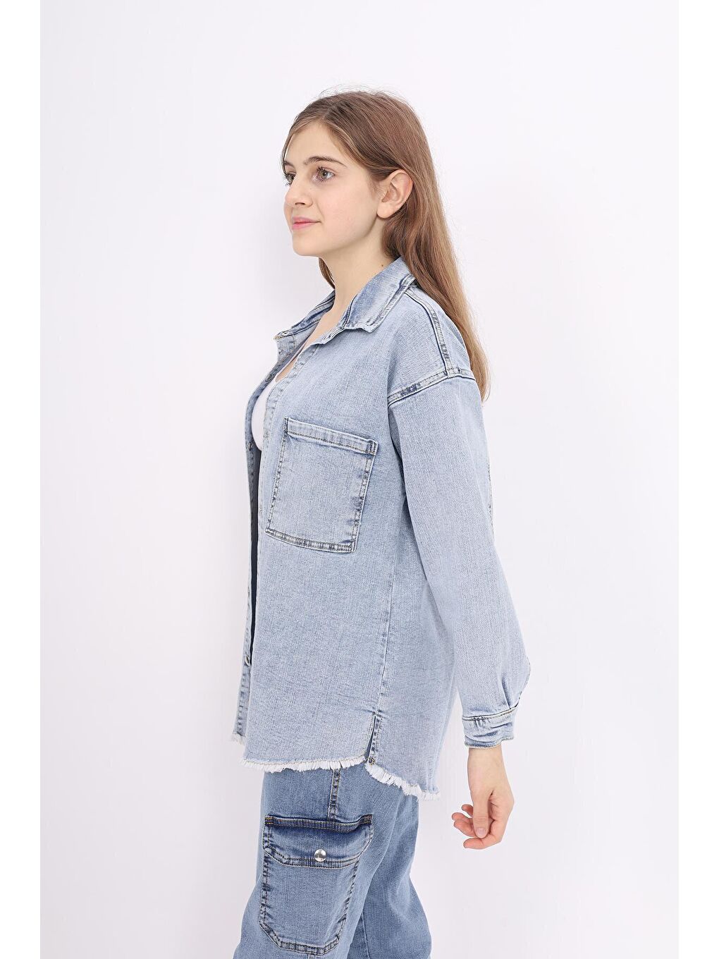 Mavi Kız Çocuk Jean Gömlek 9-14 Yaş Lx221-1