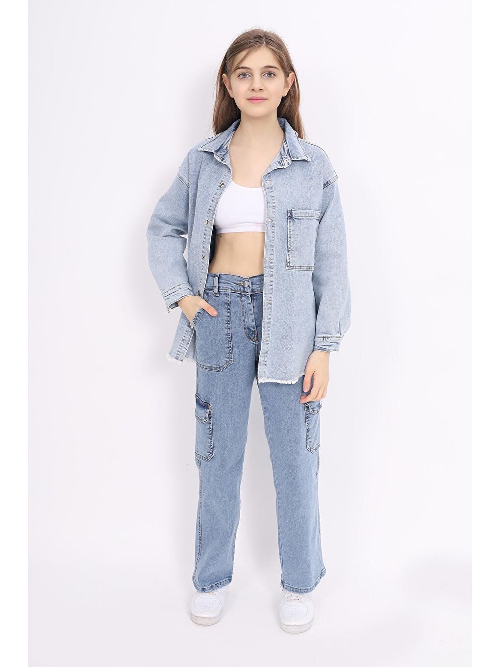 Mavi Kız Çocuk Jean Gömlek 9-14 Yaş Lx221-3
