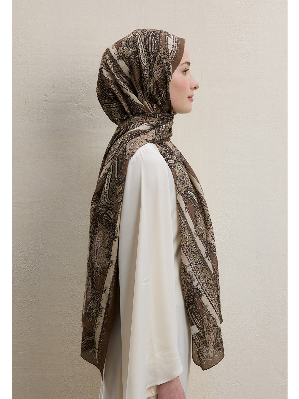 Kahverengi Paısley Elegance Desen Şal Sütlü Kahve-6
