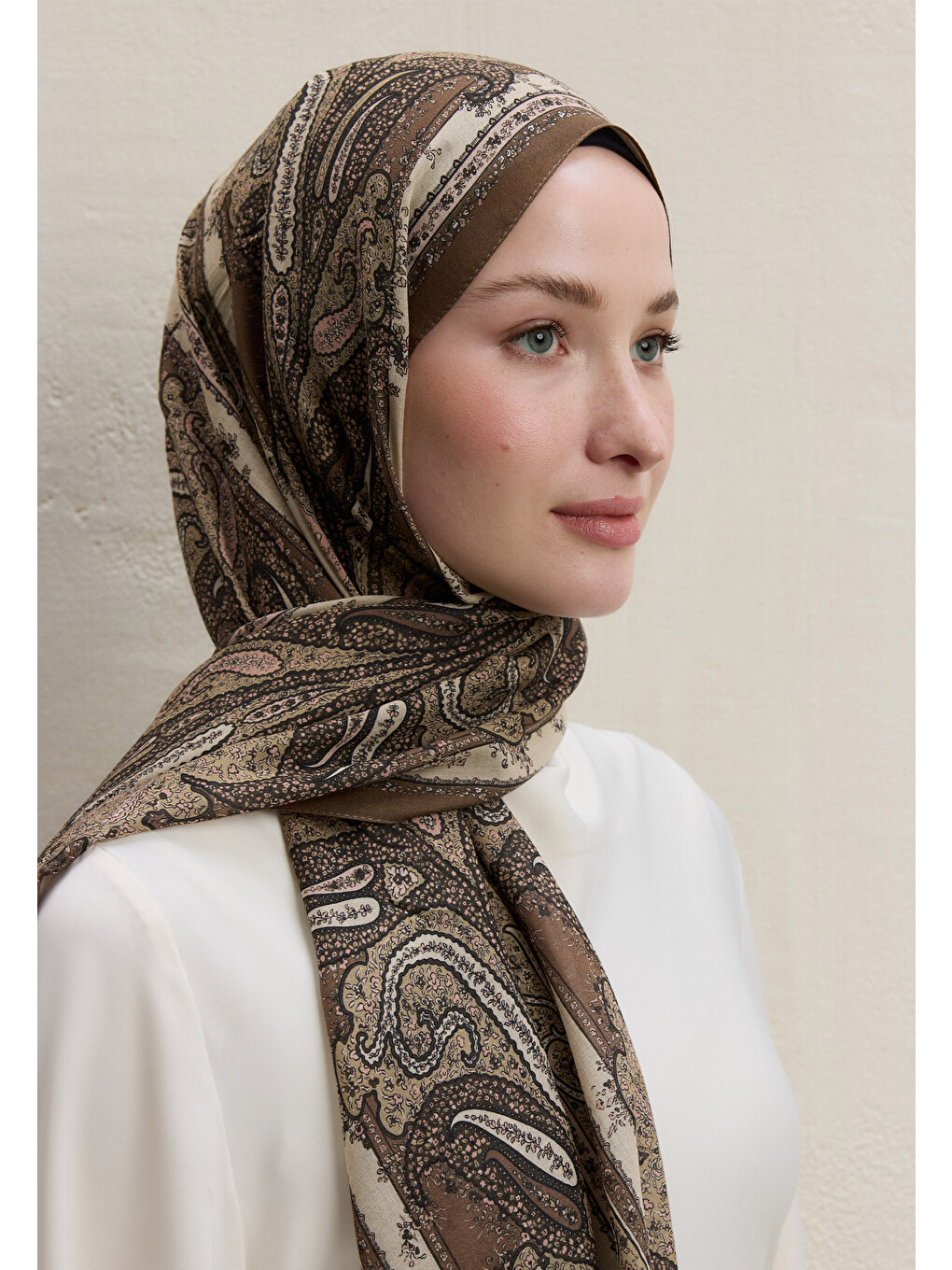 Kahverengi Paısley Elegance Desen Şal Sütlü Kahve-3