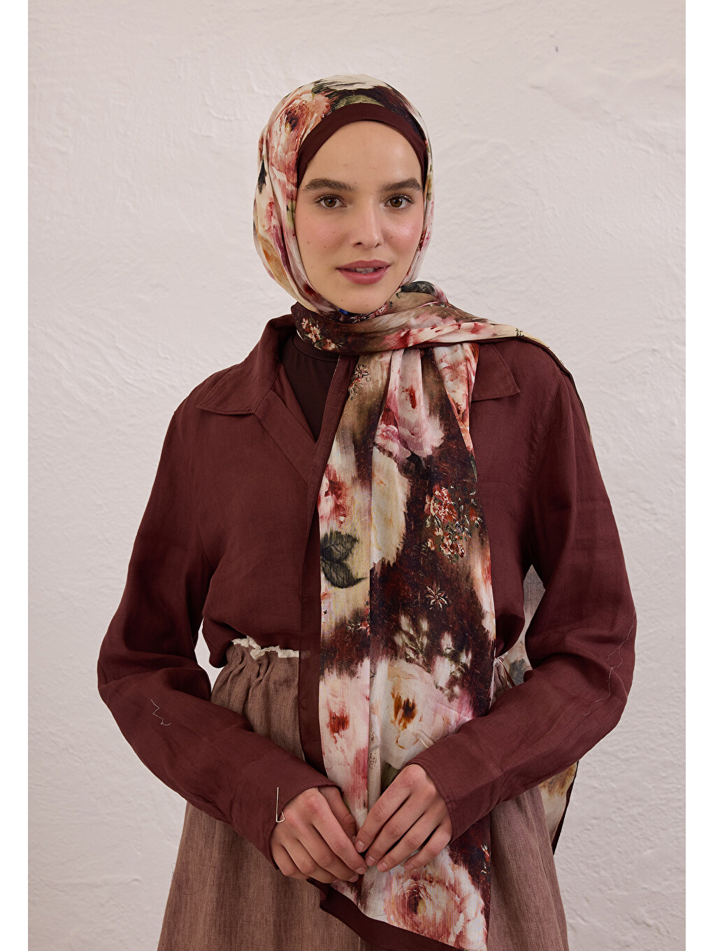 Vıntage Rose Desen Rami Şal Bordo