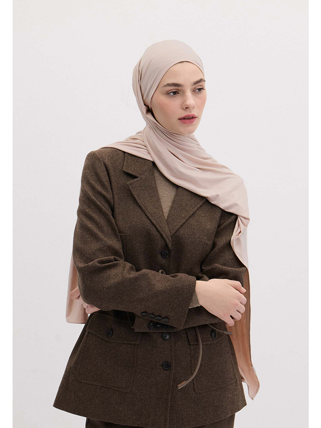 Pembe Bambu Penye Şal Pudra-1