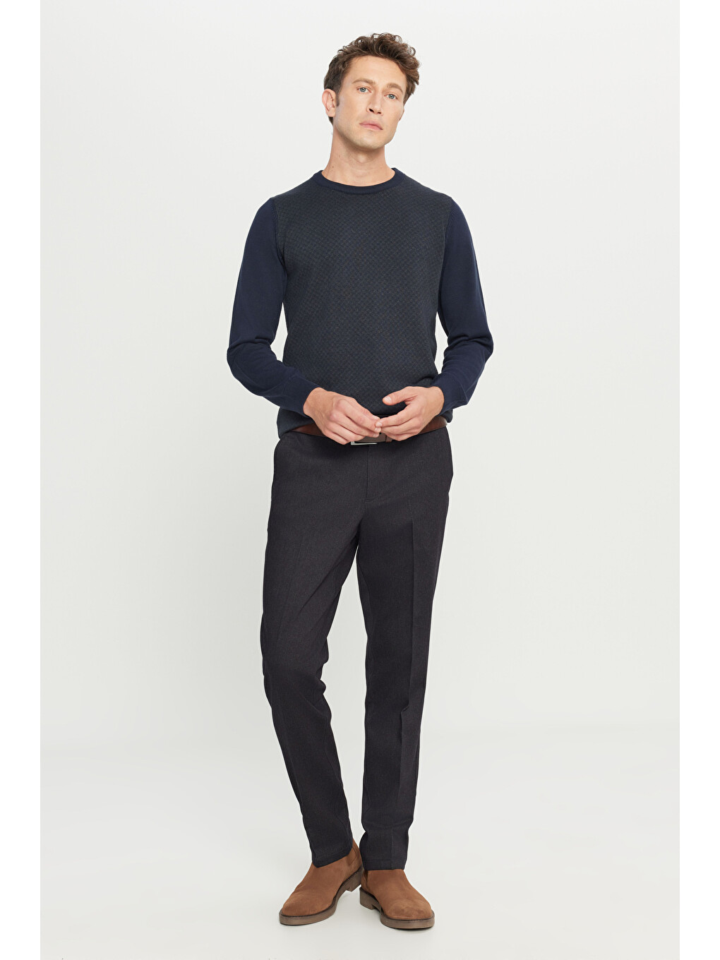 Erkek Lacivert Pamuklu Regular Fit Normal Kesim Diagonal Desenli Yan Cepli Casual Pantolon-2