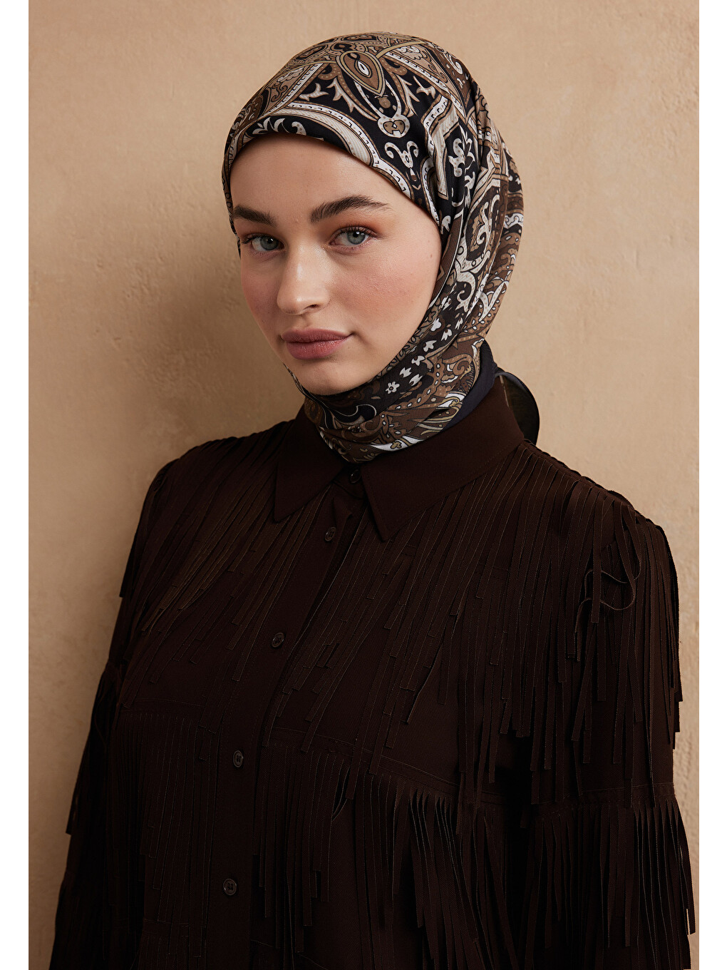 Kahverengi Etnıc Floral Desen Pamuk İpek Eşarp Kahve-3