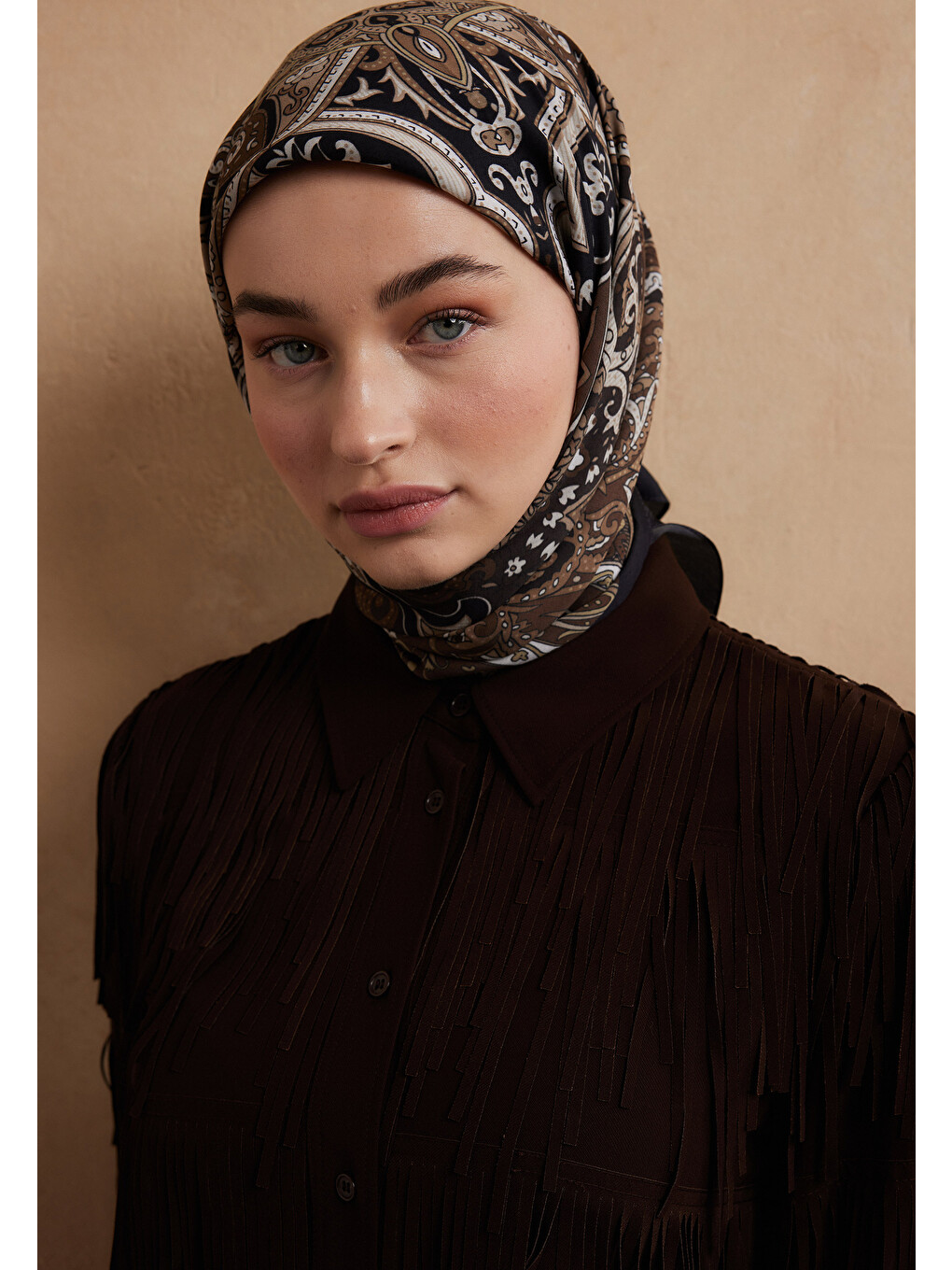 Kahverengi Etnıc Floral Desen Pamuk İpek Eşarp Kahve-5