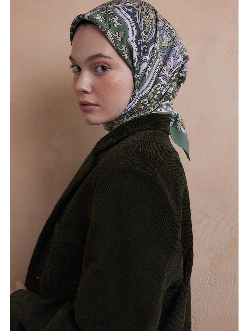 Ethnıc Floral Desen Pamuk İpek Eşarp Soft Yeşil-1