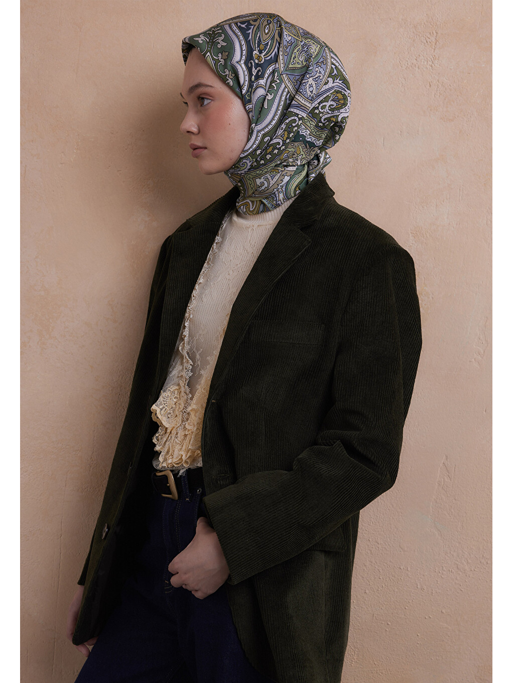 Ethnıc Floral Desen Pamuk İpek Eşarp Soft Yeşil-2
