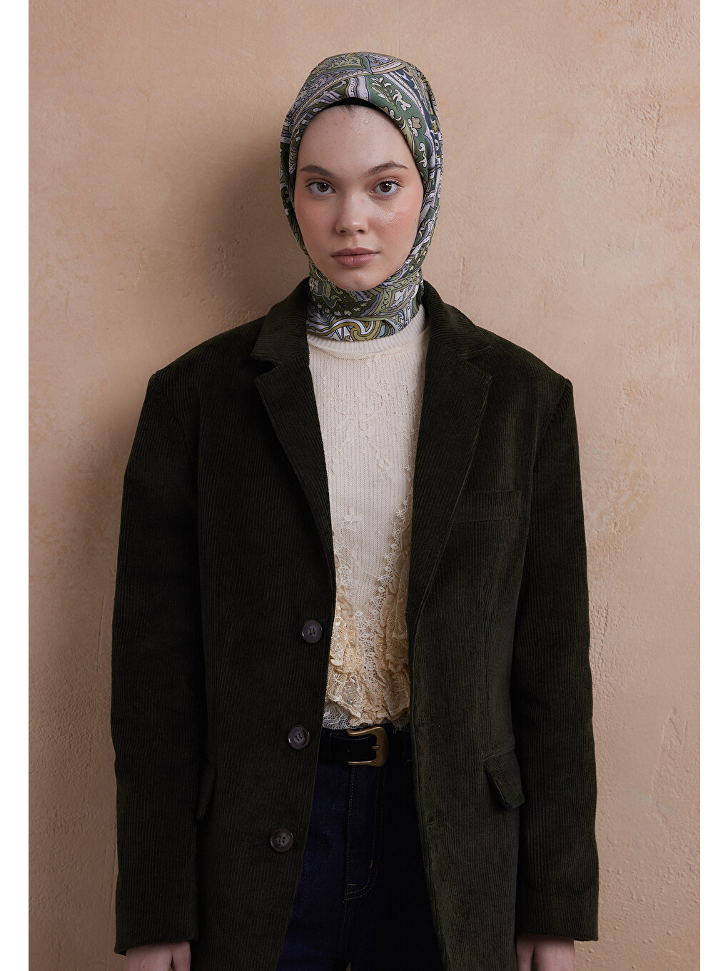 Ethnıc Floral Desen Pamuk İpek Eşarp Soft Yeşil-3
