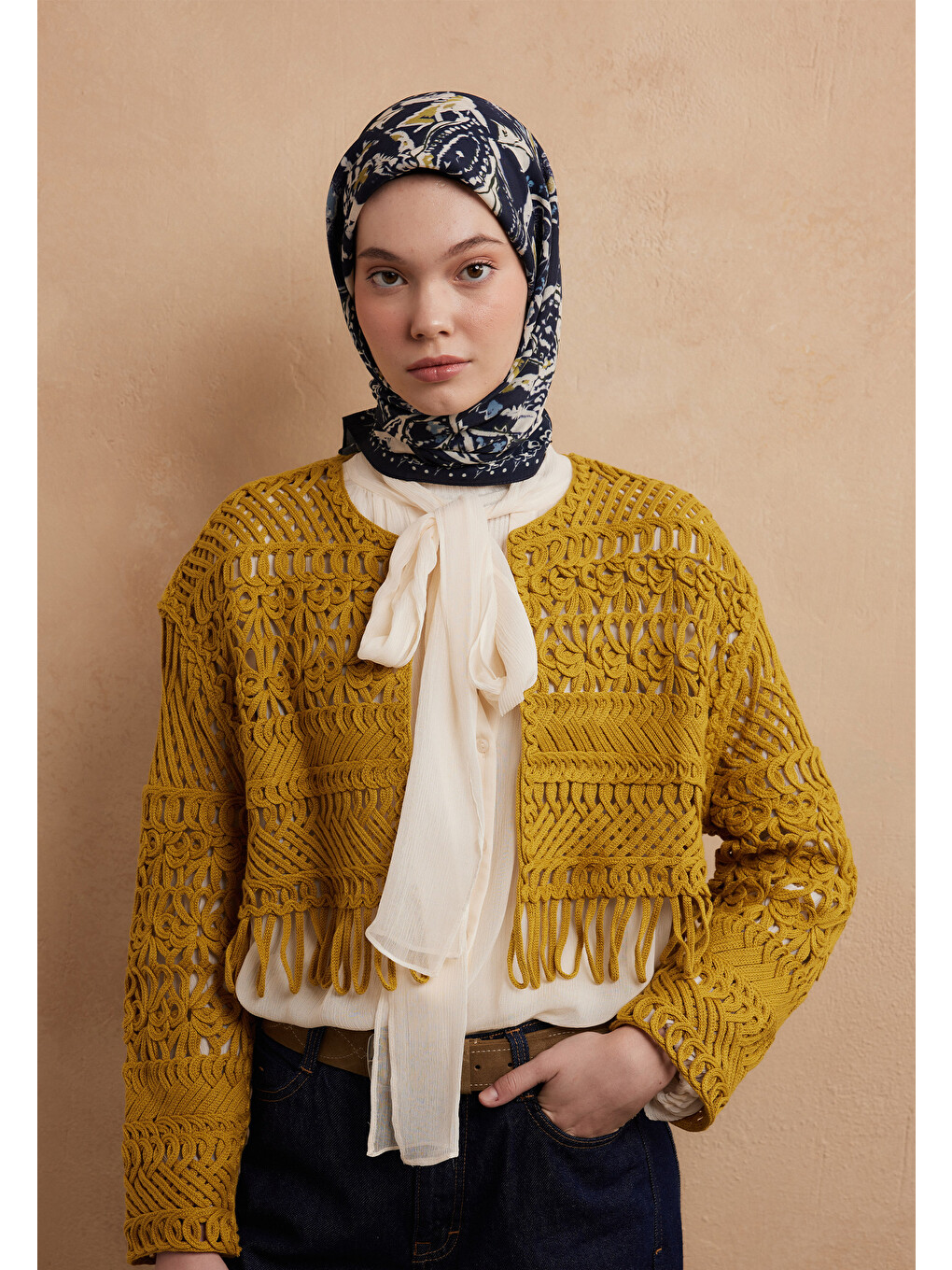 Floral Paısley Desen Pamuk İpek Eşarp Lacivert-3