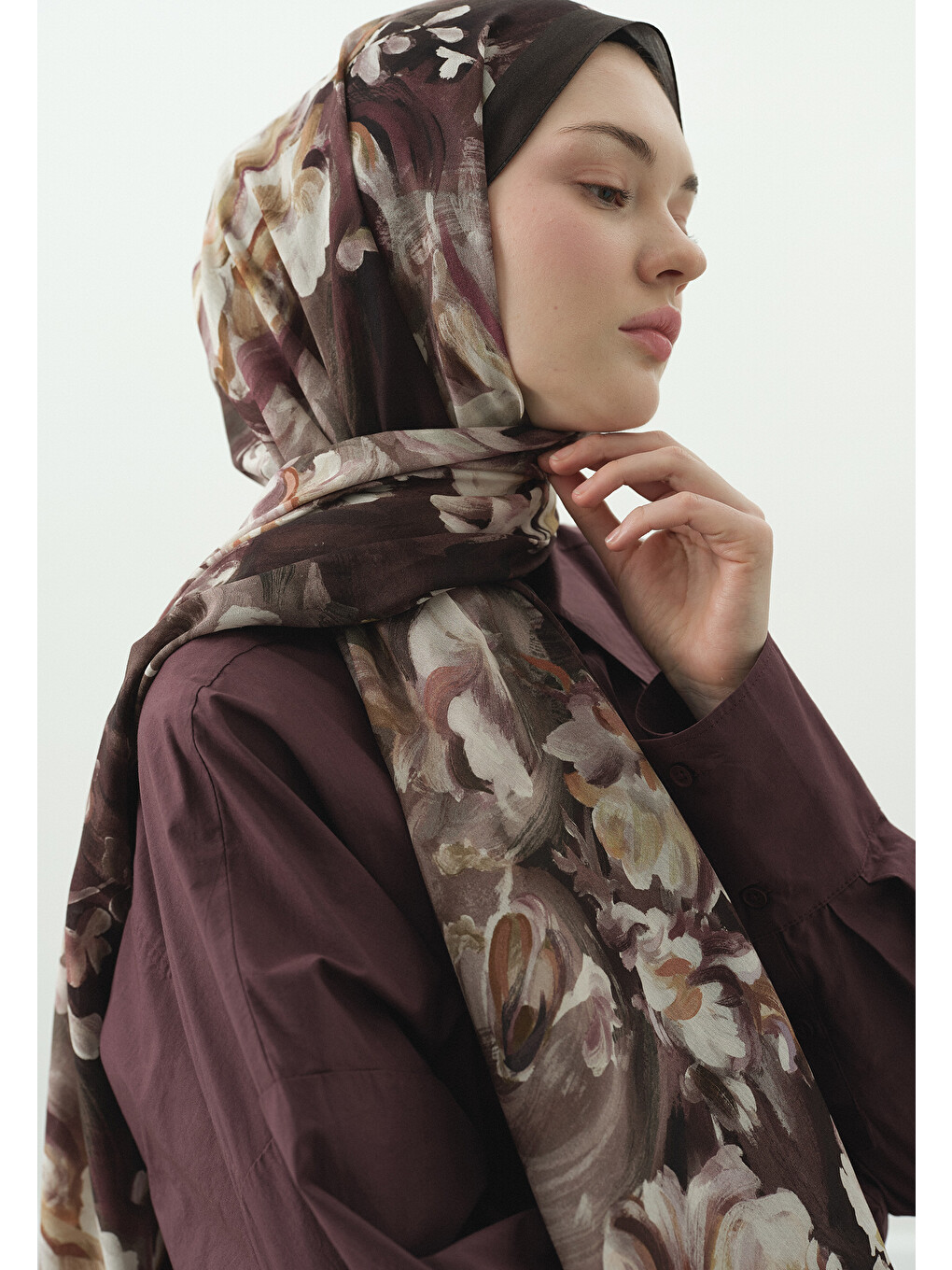 Kahverengi Jane Desenli Pamuk Viskon Şal Tozlu Kahve-3