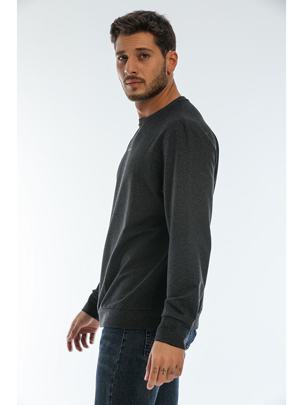 Antrasit Erkek Bisiklet Yaka Regular Fit Brooklyn Baskılı İnce Sweatshirt SPR22SW132-3